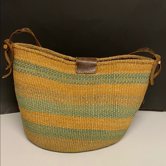 WICKER Raffia Tan Tote Market Leather Strap Flap - Picture 2 of 16